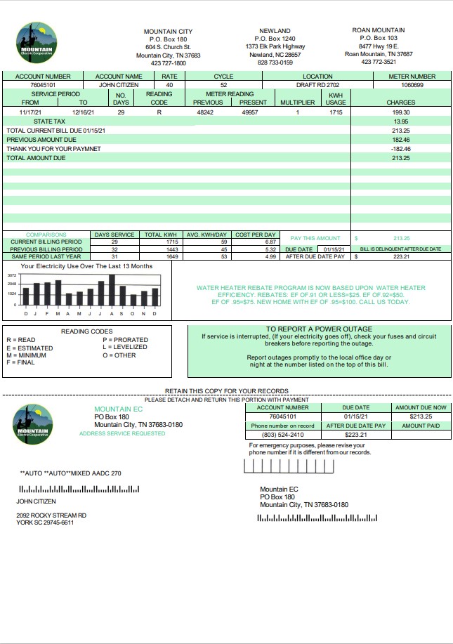 USA Tennessee Mountain Electric Cooperative, Inc. (MEC) utility bill template in Word and PDF format